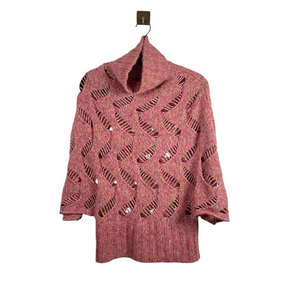 VINTAGE Sisley Open Knit Mock Neck Sweater Poncho in Pink Multi OS - Picture 6 of 7
